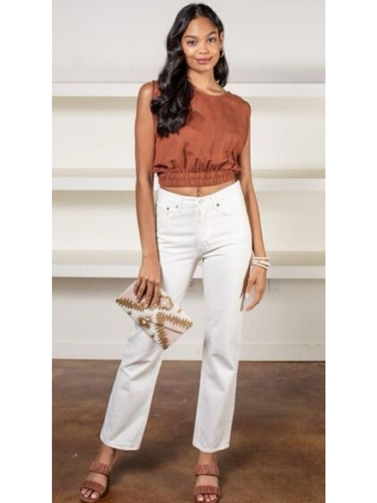 Elan Tops - Elan Sleeveless Line Blend Boatneck Cropped Top